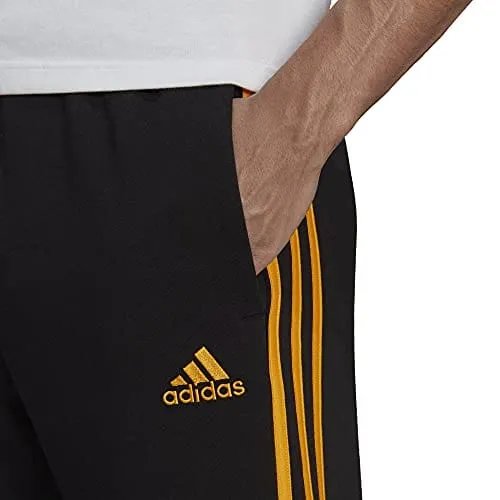 adidas Men's Essentials Fleece Tapered Cuff 3-Stripes Pants, Black/Semi Solar Gold, X-Small