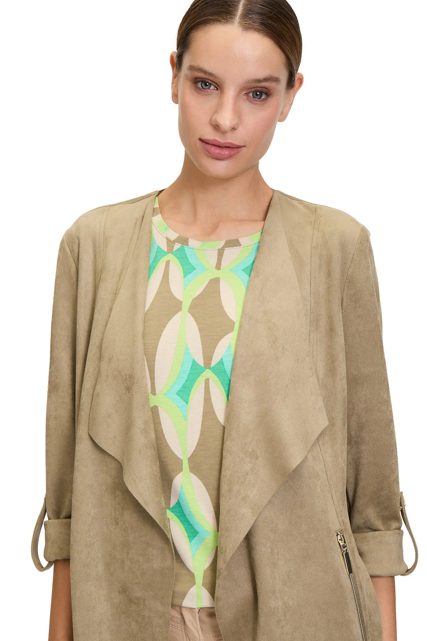 Betty Barclay Jacket Beige Suede Effect Open Front 45201673 7366