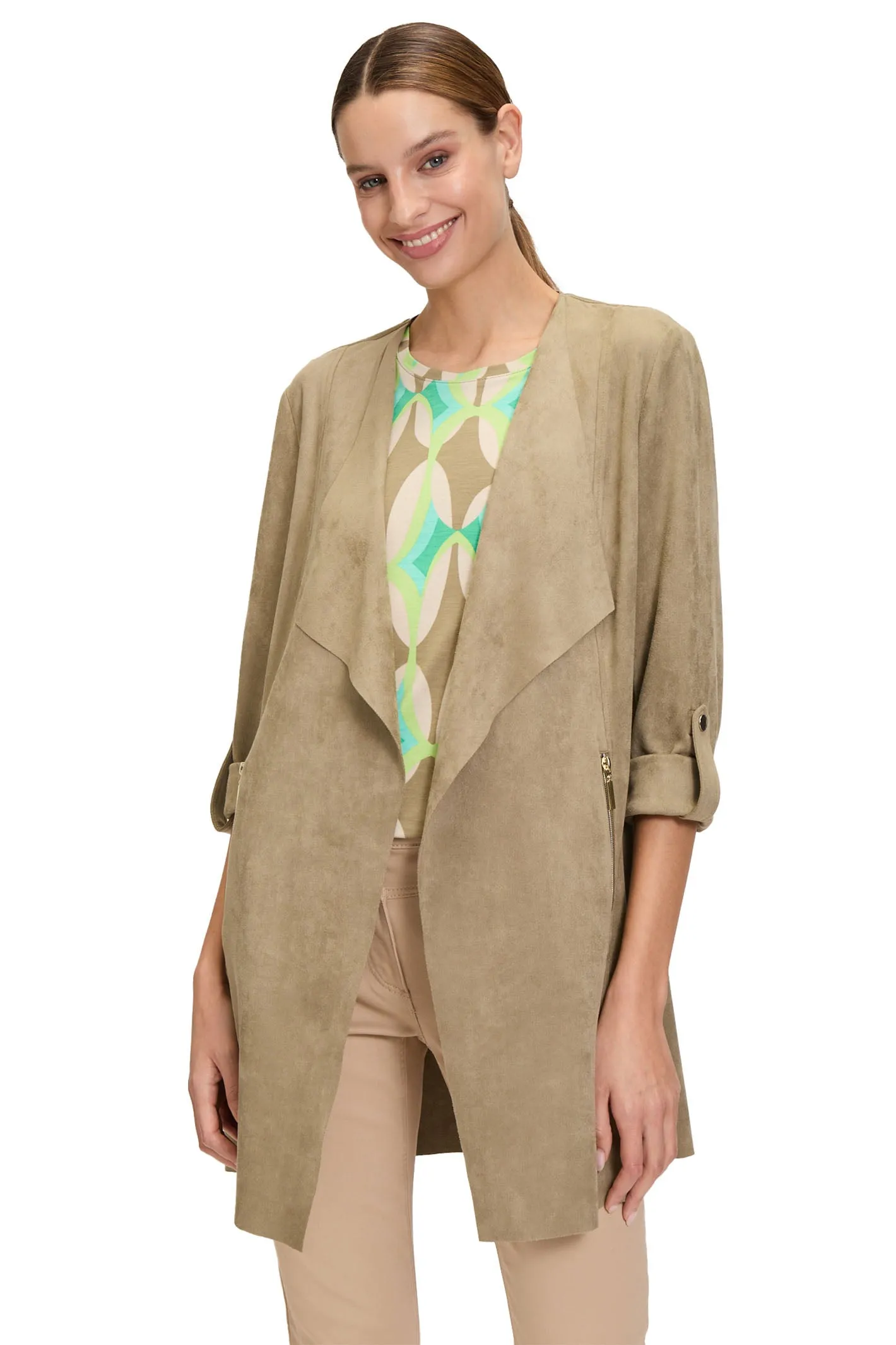 Betty Barclay Jacket Beige Suede Effect Open Front 45201673 7366