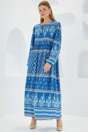 BGD Women Woman Blue Ecru Patterned Long Viscose Dress 1947 - Avondale