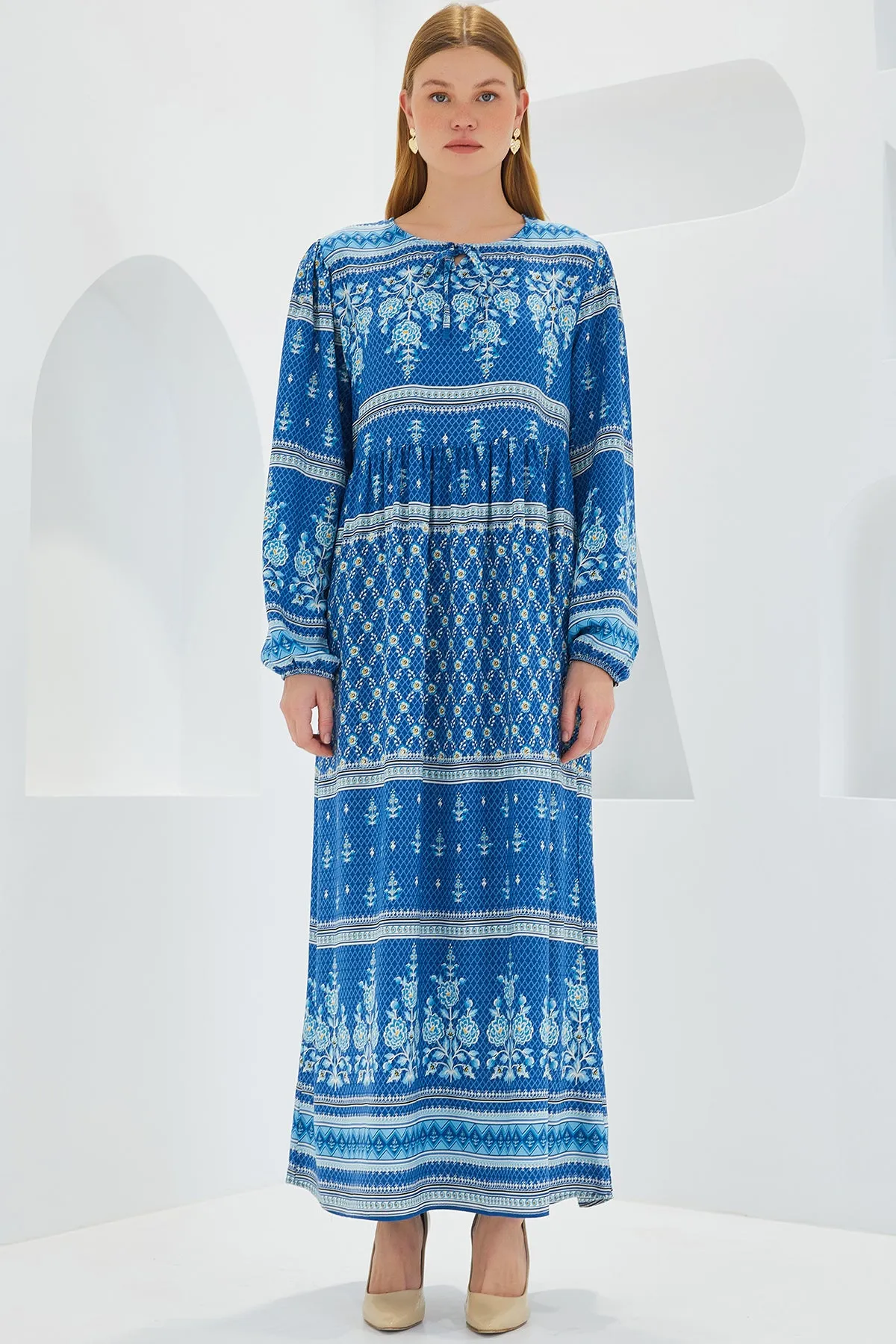 BGD Women Woman Blue Ecru Patterned Long Viscose Dress 1947 - Avondale