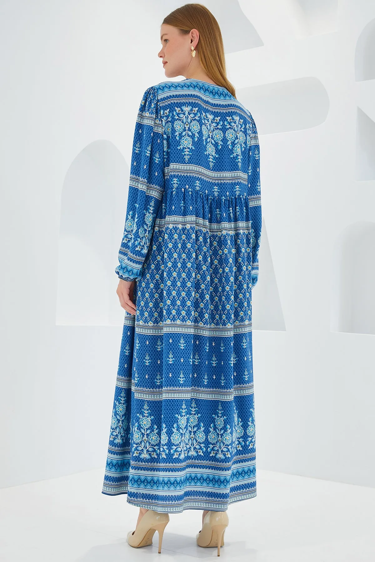 BGD Women Woman Blue Ecru Patterned Long Viscose Dress 1947 - Avondale