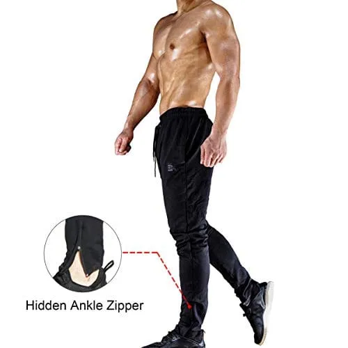 BROKIG Mens Zip Jogger Pants - Casual Gym Fitness Trousers Comfortable Tracksuit Slim Fit Bottoms Sweat Pants with Pockets (Small, Black)
