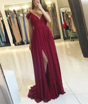 Burgundy A Line Off Shoulder Chiffon Long Prom Dresses with Slit, Off Shoulder Burgundy Formal Evening Graduation Dresses, Burgundy Bridesmaid Dresses