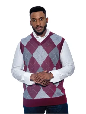 Burgundy-Grey Men's V-Neck Argyle Sweater Vest Knitwear Sleeveless Pullover STYLE-9920