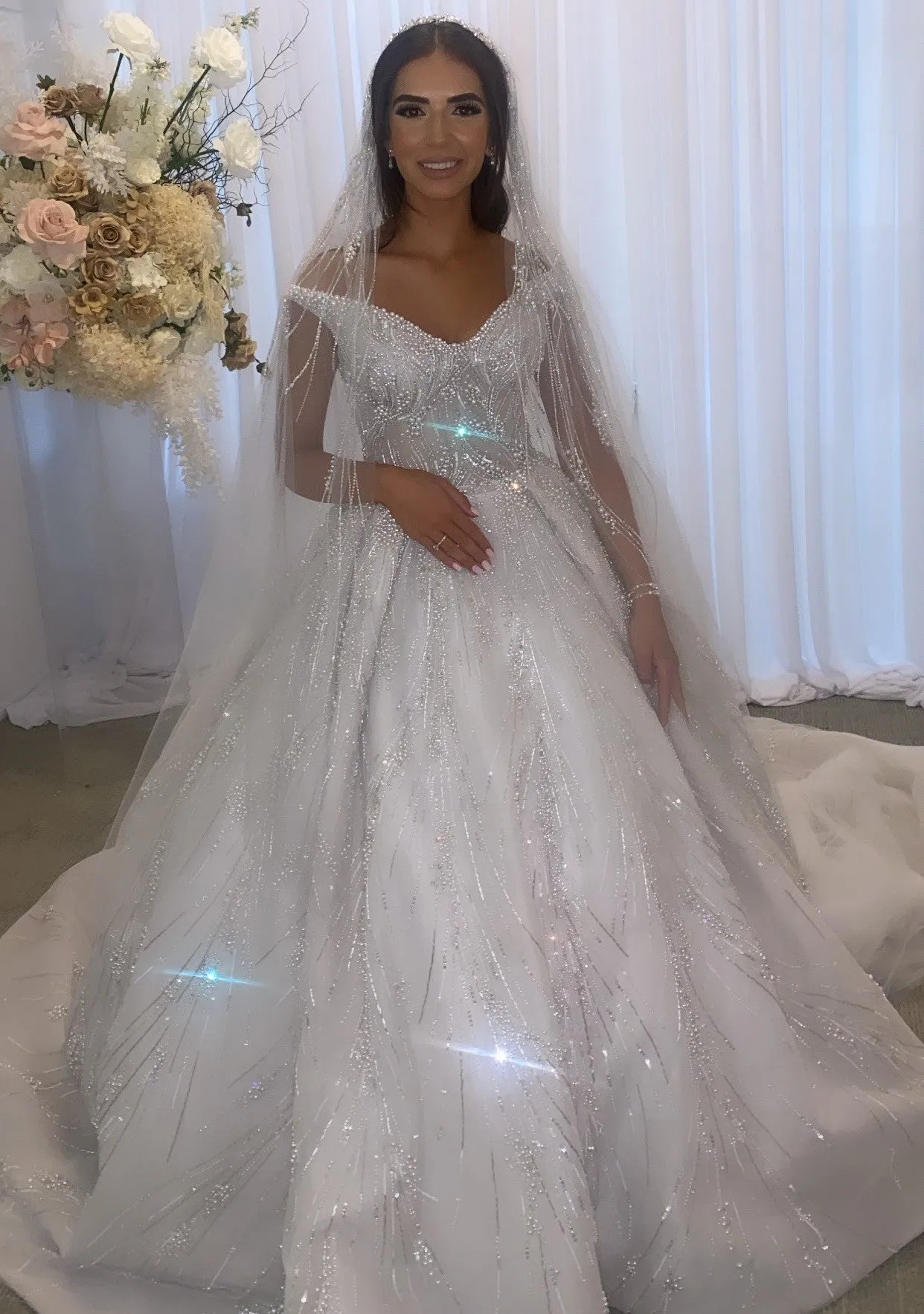 C2023-BG71K - off the shoulder open neckline beaded ball gown wedding dress