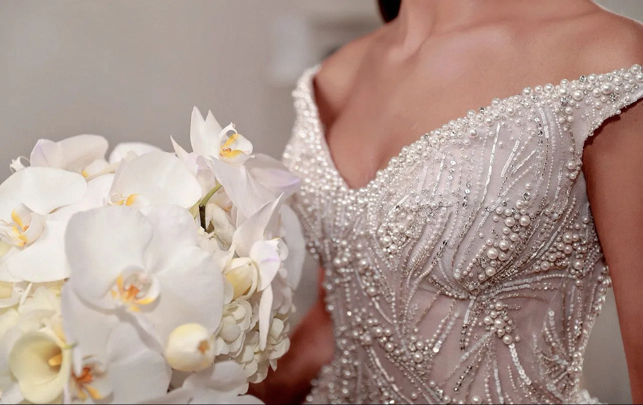 C2023-BG71K - off the shoulder open neckline beaded ball gown wedding dress
