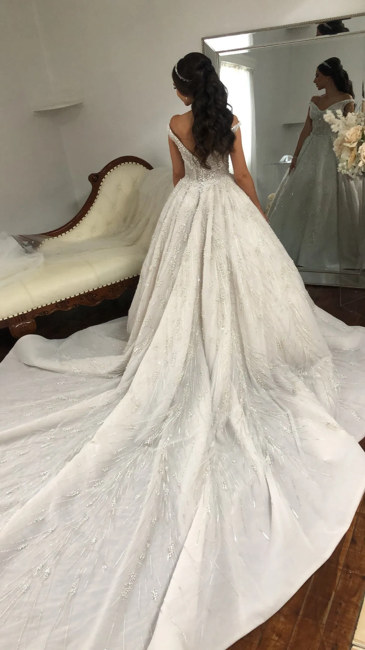 C2023-BG71K - off the shoulder open neckline beaded ball gown wedding dress