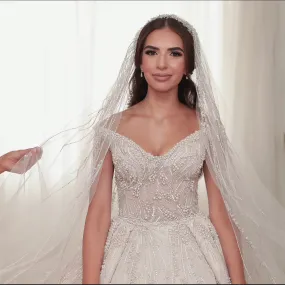 C2023-BG71K - off the shoulder open neckline beaded ball gown wedding dress
