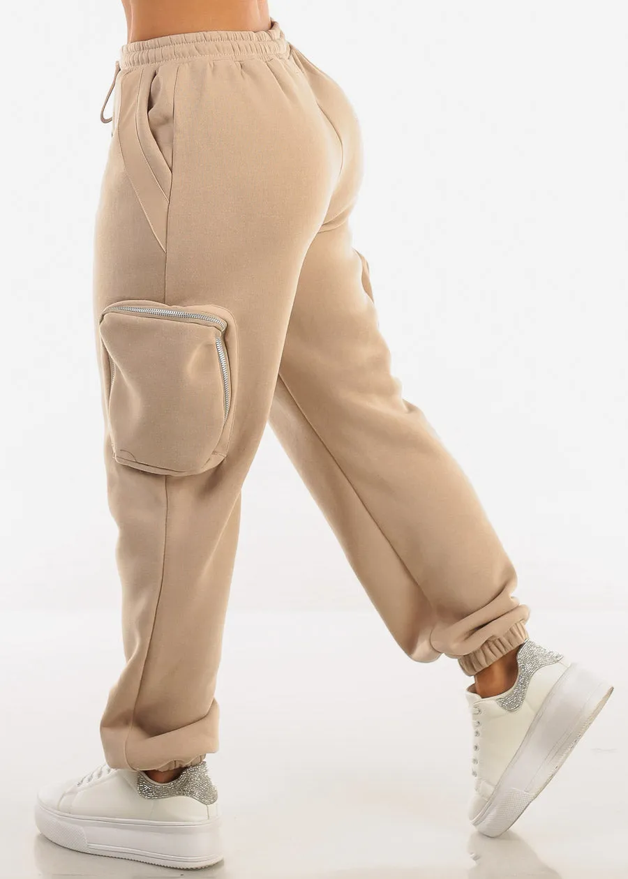 Cargo Jogger Sweatpants w Zipper Pockets Beige