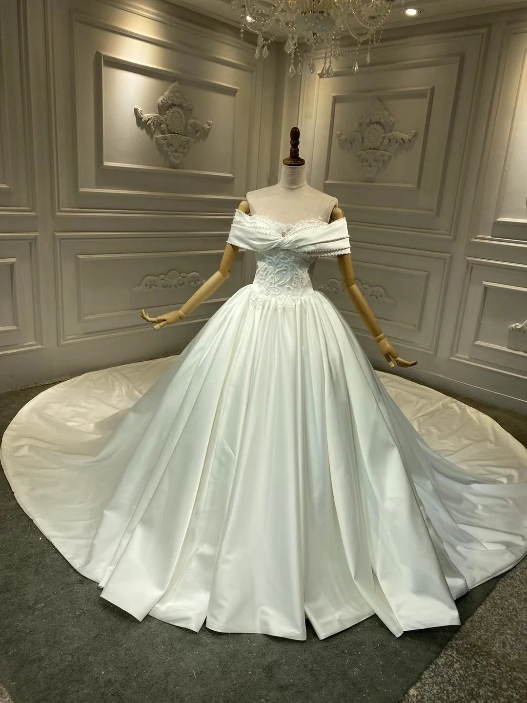 Chic off shoulder shiny satin ball gown skirt wedding dress crystals pearls beaded top