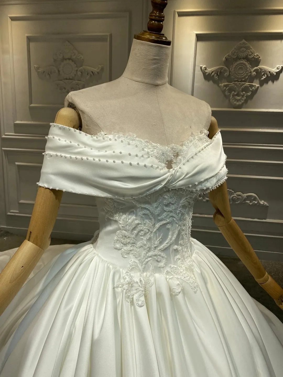 Chic off shoulder shiny satin ball gown skirt wedding dress crystals pearls beaded top