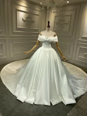 Chic off shoulder shiny satin ball gown skirt wedding dress crystals pearls beaded top