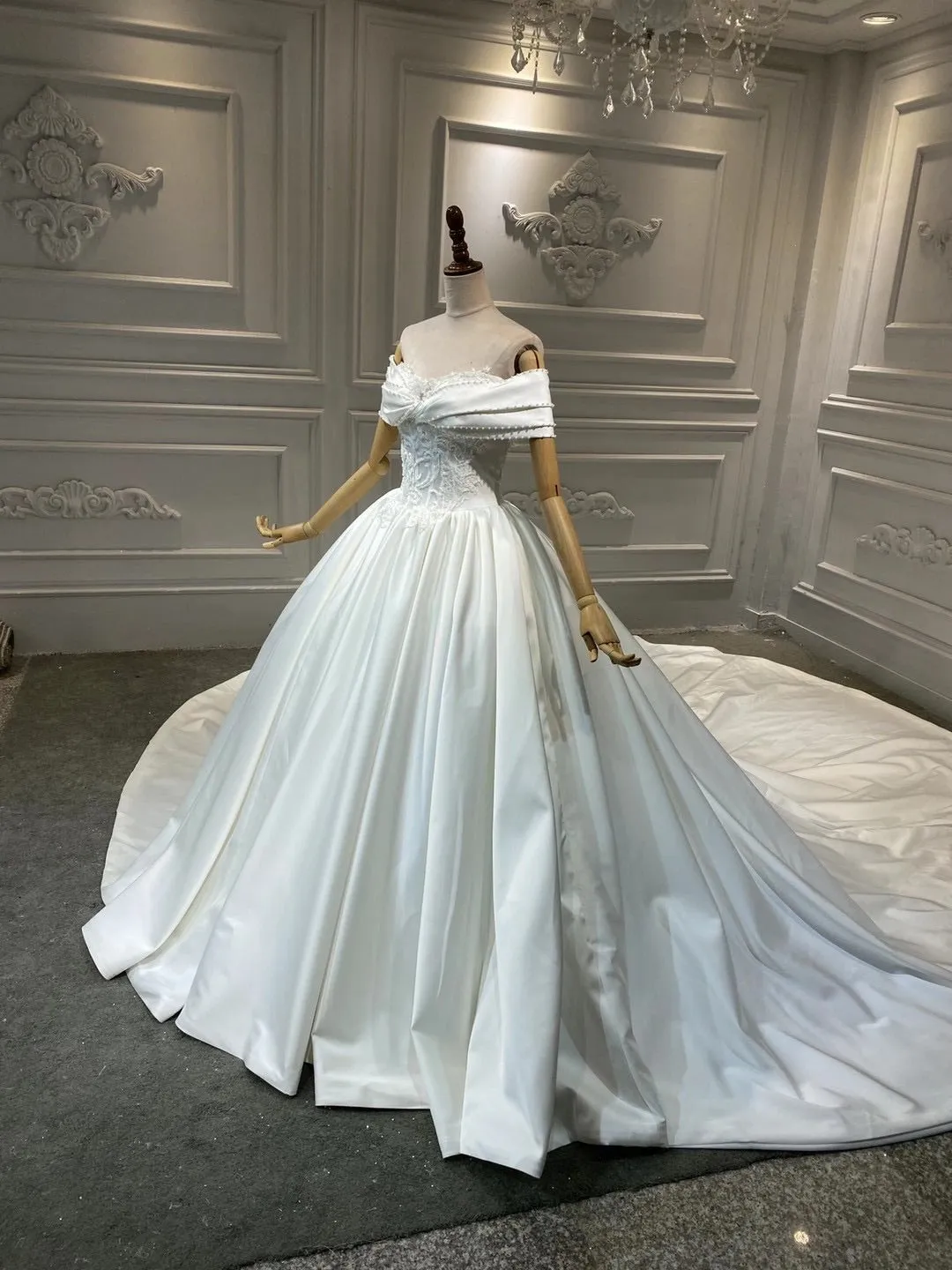 Chic off shoulder shiny satin ball gown skirt wedding dress crystals pearls beaded top