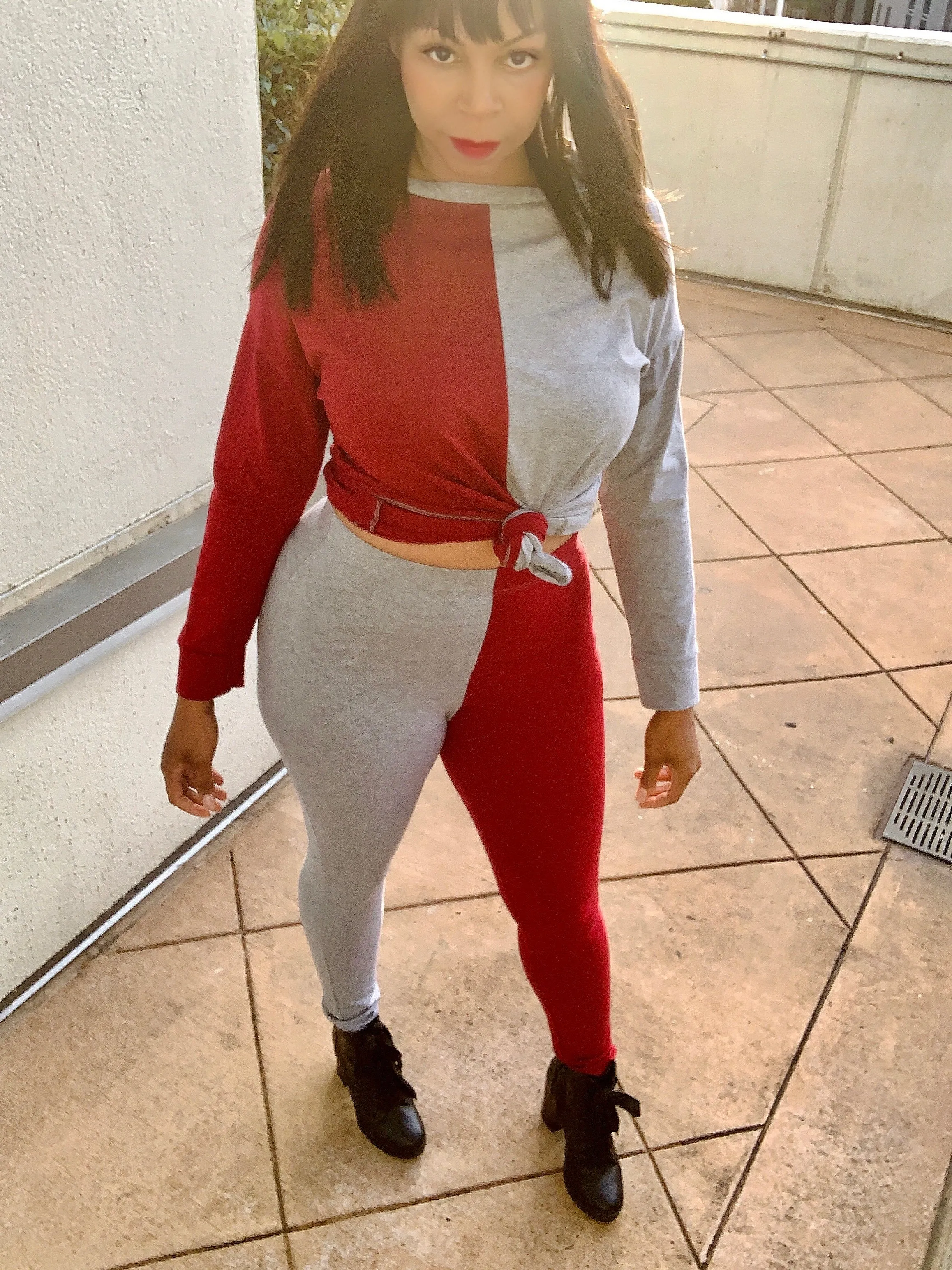 Color Block Matching Set Burgundy/Gray