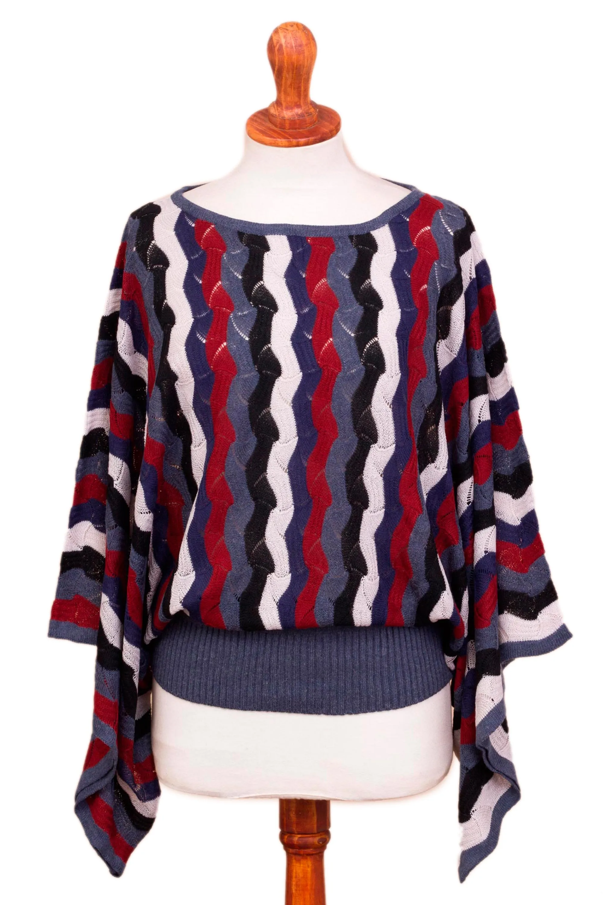 Cranberry and Blue Wavy Vertical Stripe Alpaca Blend Sweater - Make Waves | NOVICA