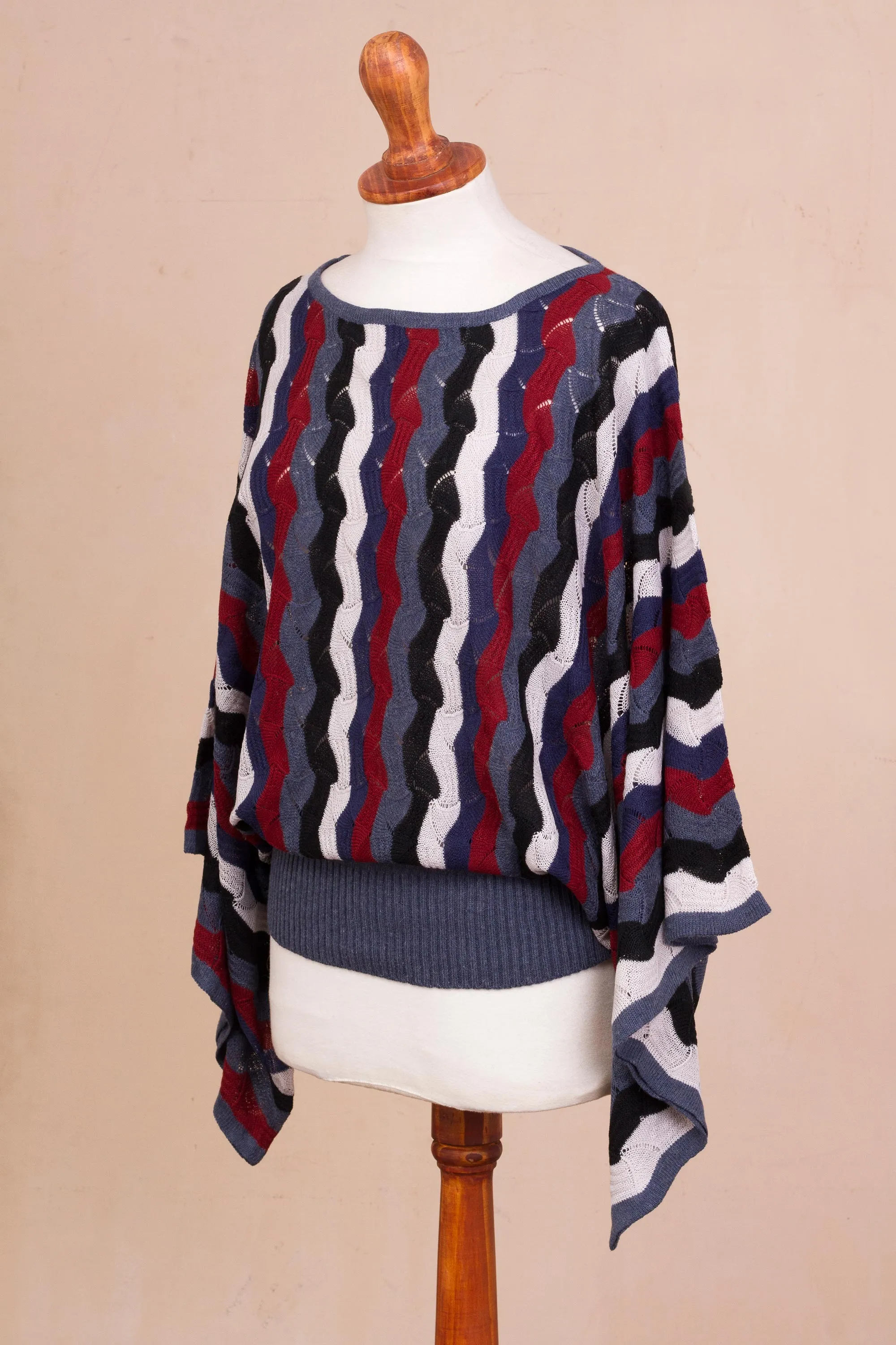 Cranberry and Blue Wavy Vertical Stripe Alpaca Blend Sweater - Make Waves | NOVICA