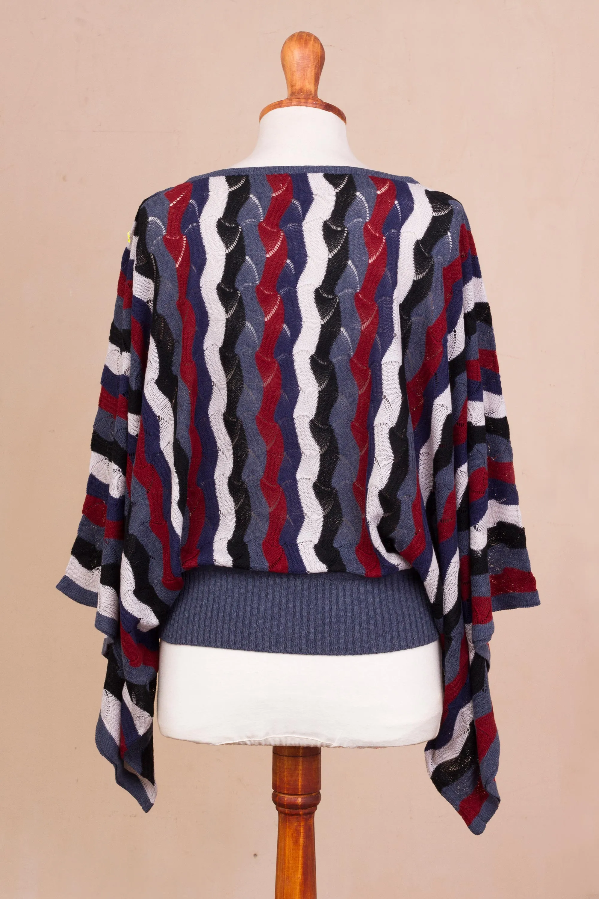 Cranberry and Blue Wavy Vertical Stripe Alpaca Blend Sweater - Make Waves | NOVICA