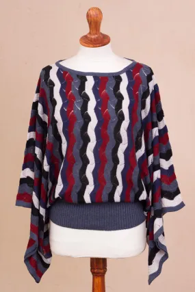 Cranberry and Blue Wavy Vertical Stripe Alpaca Blend Sweater - Make Waves | NOVICA