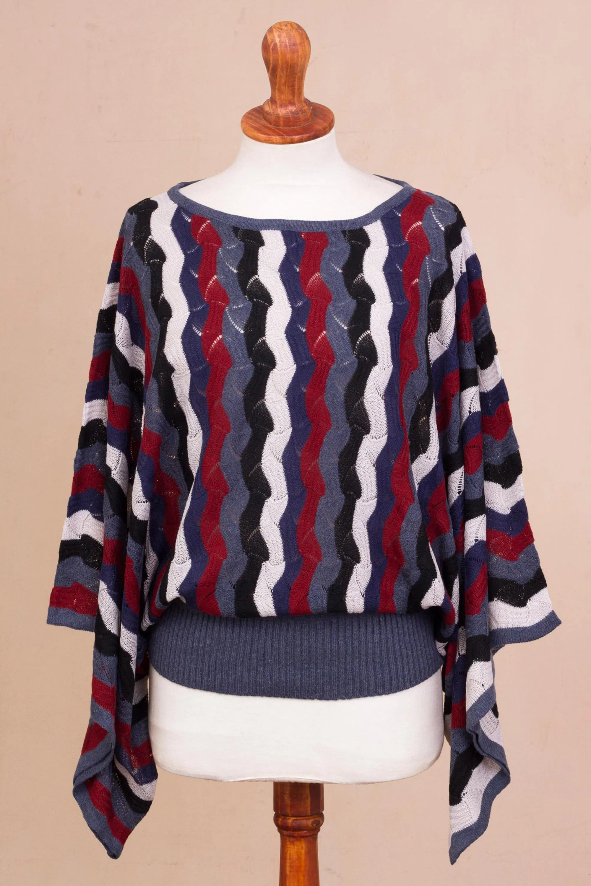 Cranberry and Blue Wavy Vertical Stripe Alpaca Blend Sweater - Make Waves | NOVICA