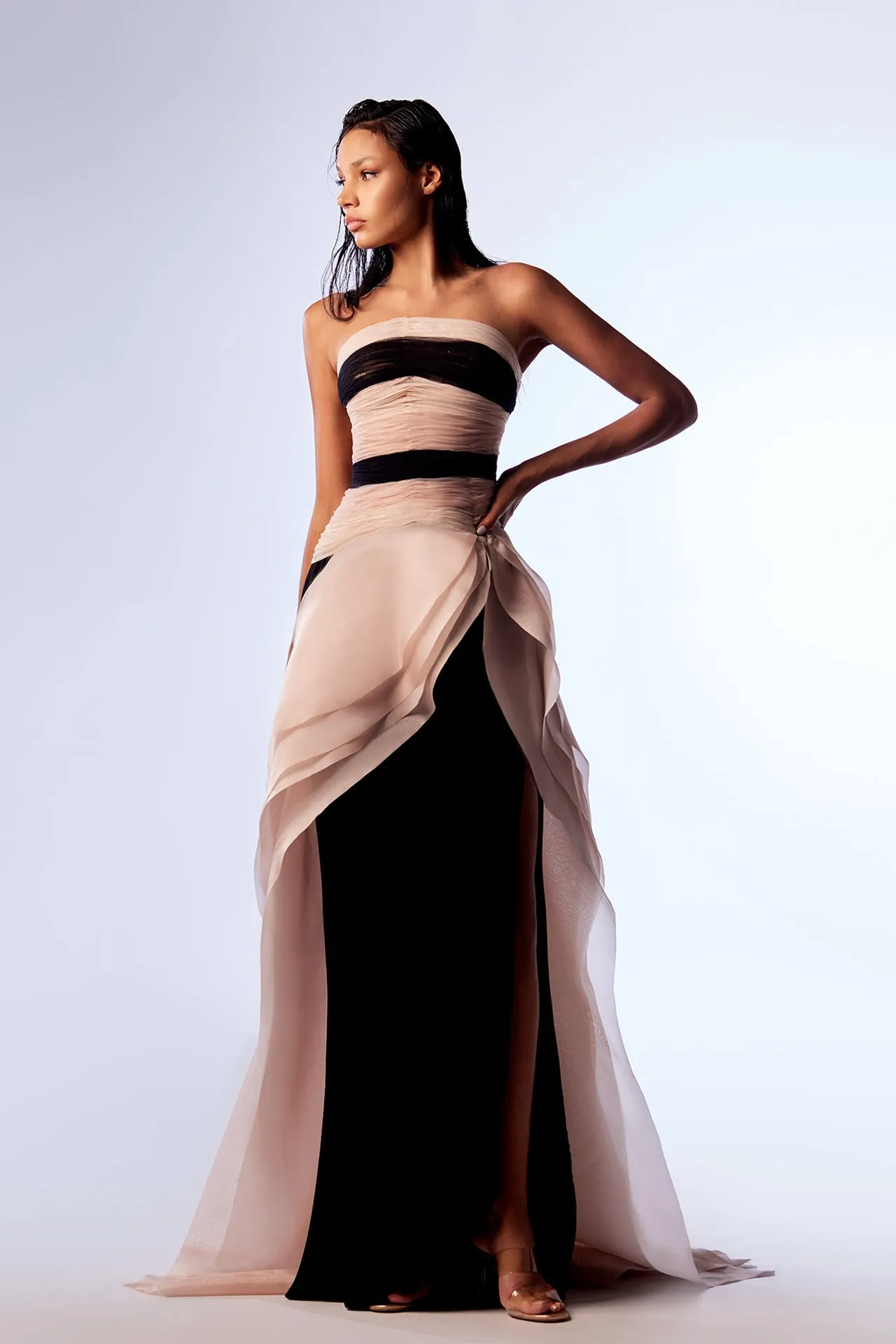 Crepe and Tulle Strapless Dress with Organza Overskirt