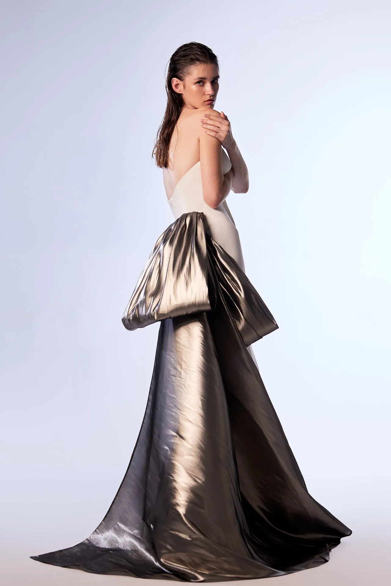 Crepe Strapless Mermaid Dress with Metallic Bow