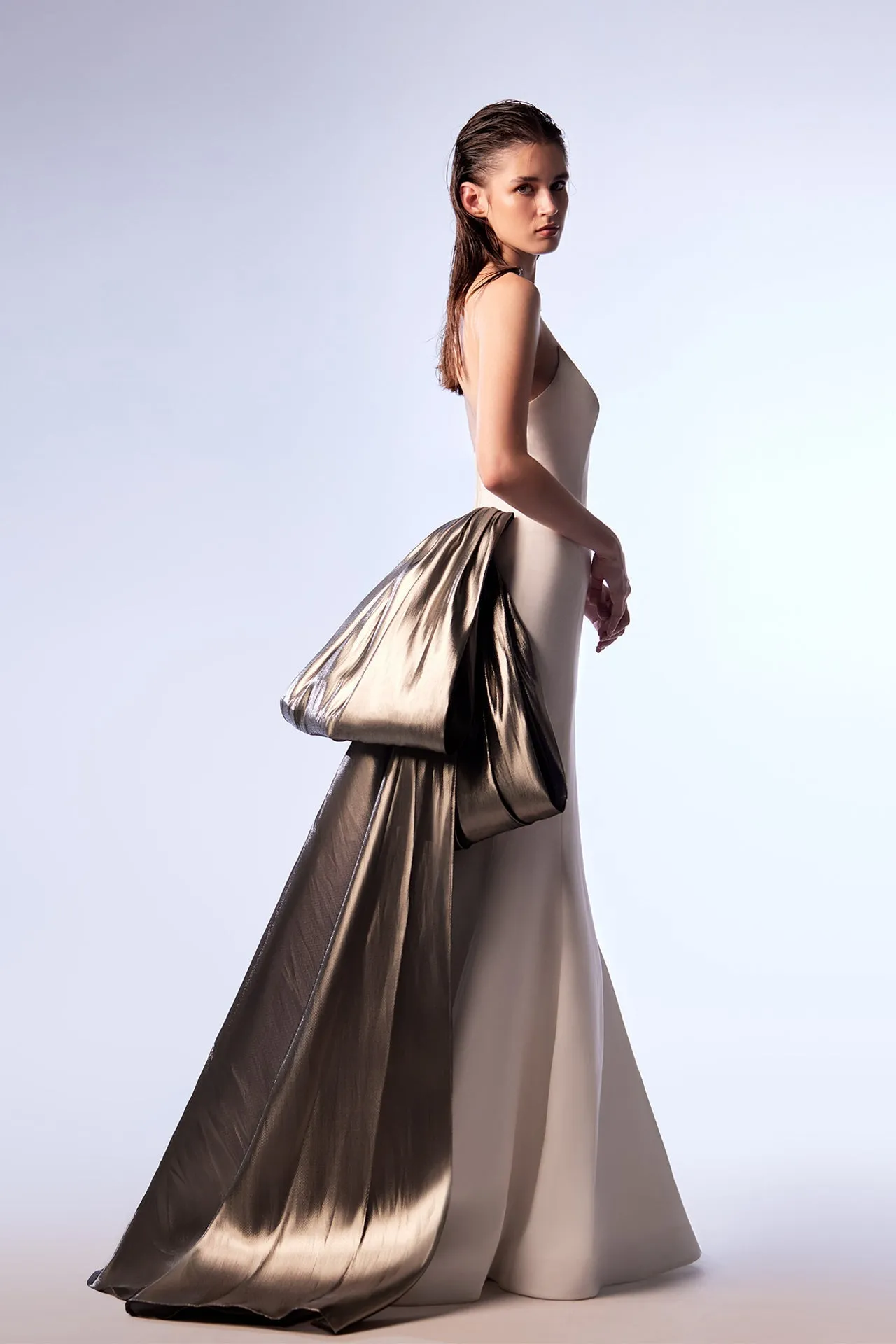 Crepe Strapless Mermaid Dress with Metallic Bow