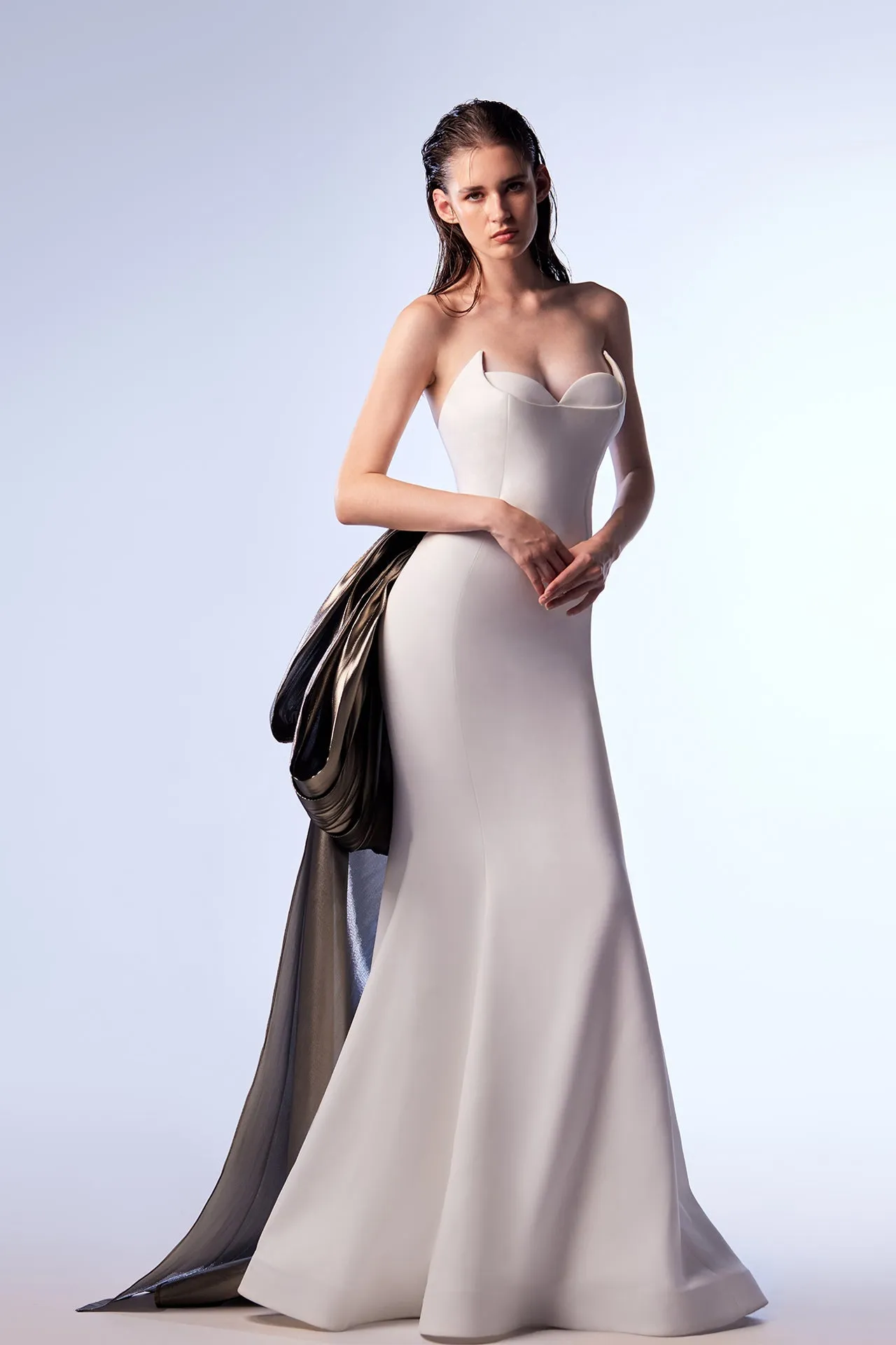 Crepe Strapless Mermaid Dress with Metallic Bow