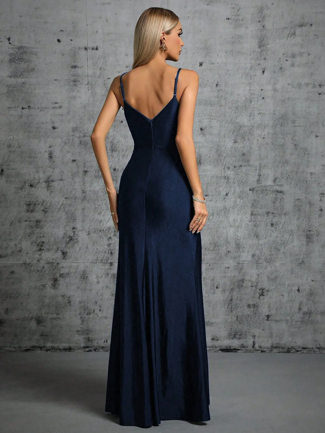 Deep V Plunge Neck High Slit Backless Evening Dress