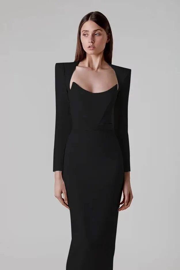 Elegant Black Long Sleeve Formal Bandage Evening Dress