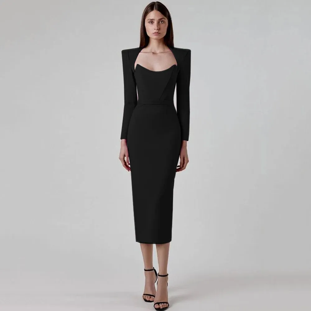 Elegant Black Long Sleeve Formal Bandage Evening Dress