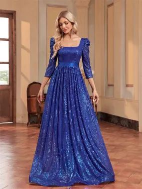 Elegant Sequin Blue Long Sleeved Evening Dress