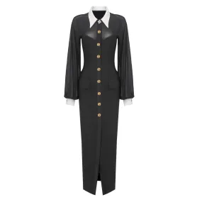 Elegant White Collar Black Long Sleeve Mesh Formal Dress
