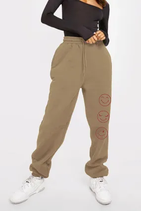 Emoji Graphic Elastic Waist Khaki Sweatpants