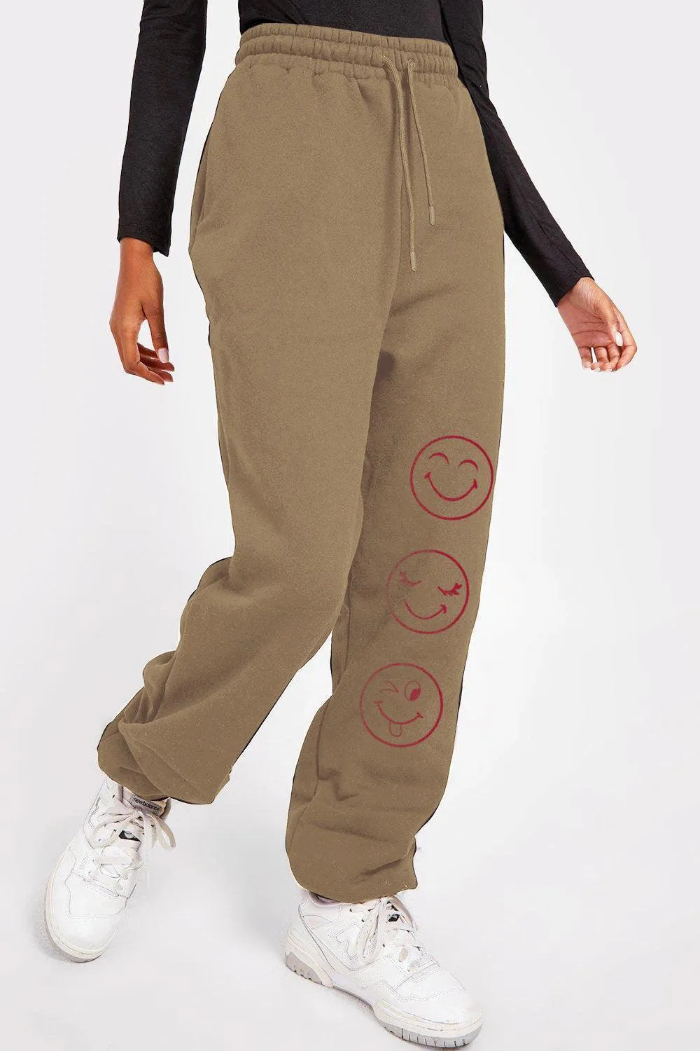 Emoji Graphic Elastic Waist Khaki Sweatpants