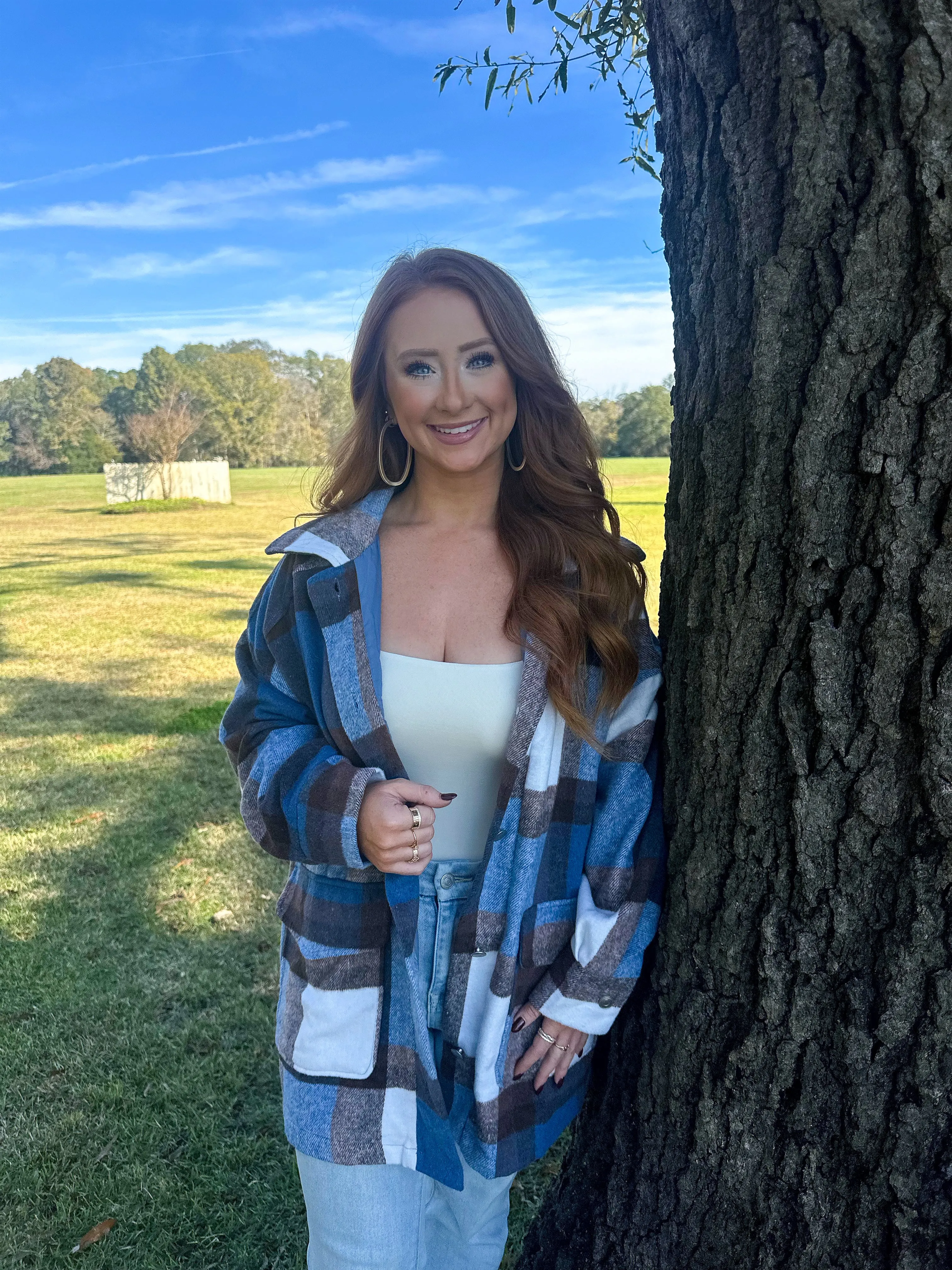 From You Fuzzy Plaid Jacket- Blue
