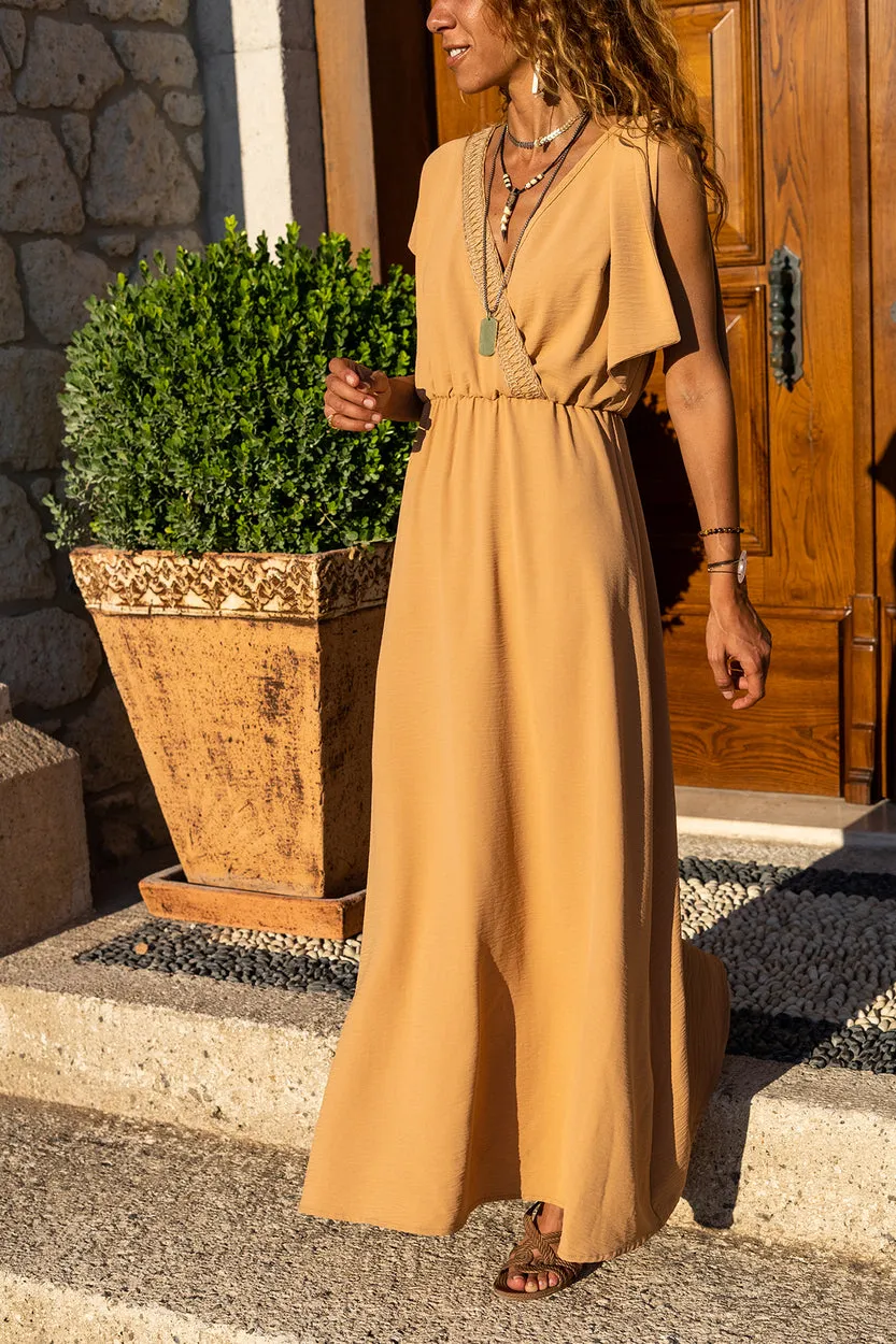 GNS Woman Beige Airybin Shoulder Buckled Straw Detailed Waist Ruched Long Dress BST3127 - Fairfield