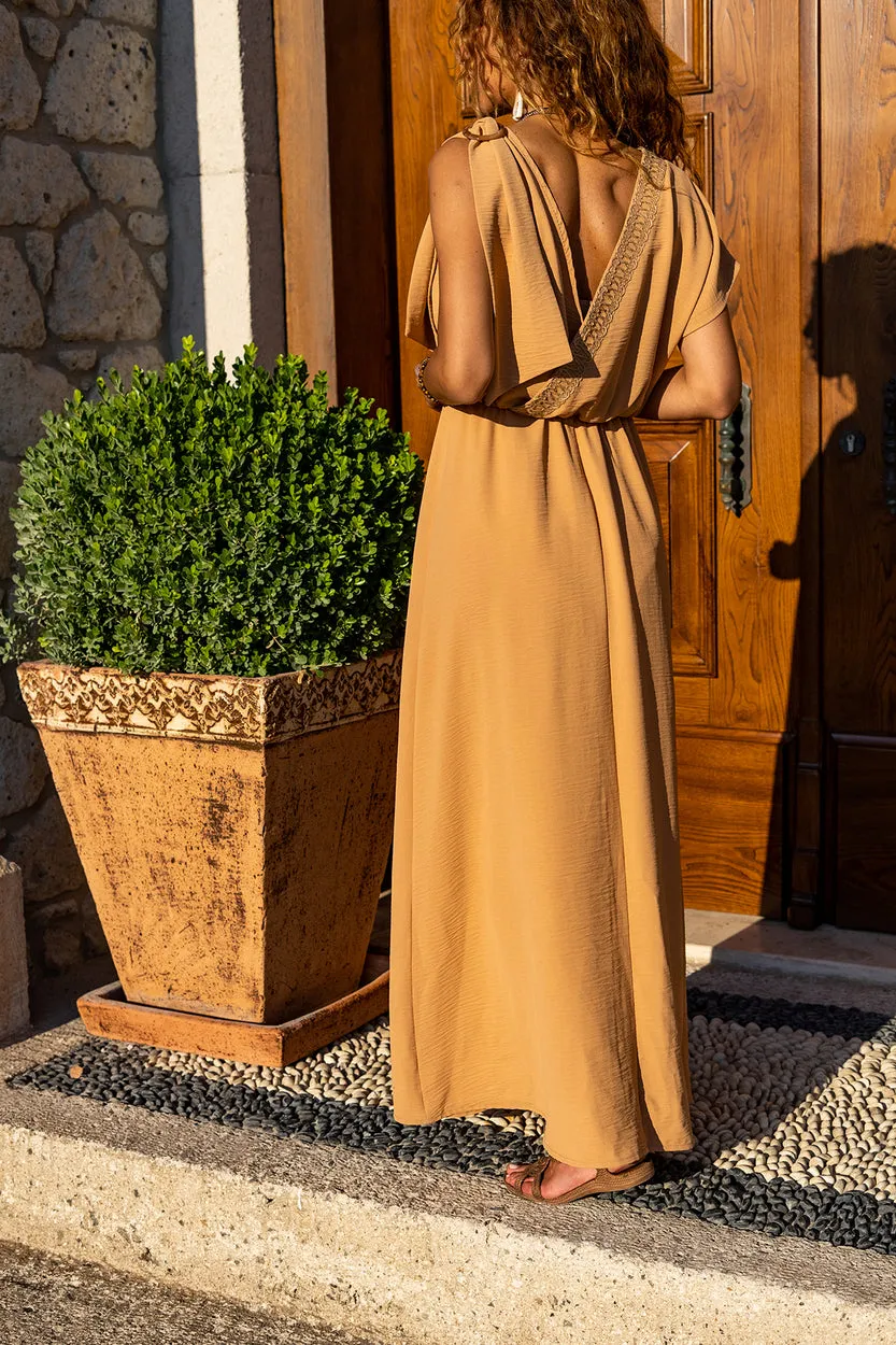 GNS Woman Beige Airybin Shoulder Buckled Straw Detailed Waist Ruched Long Dress BST3127 - Fairfield