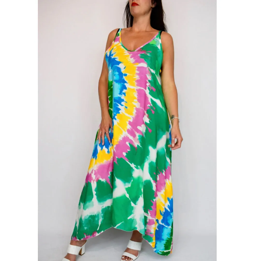 Green Oversized Cami Strap Vibrant Tie Dye Italian Maxi