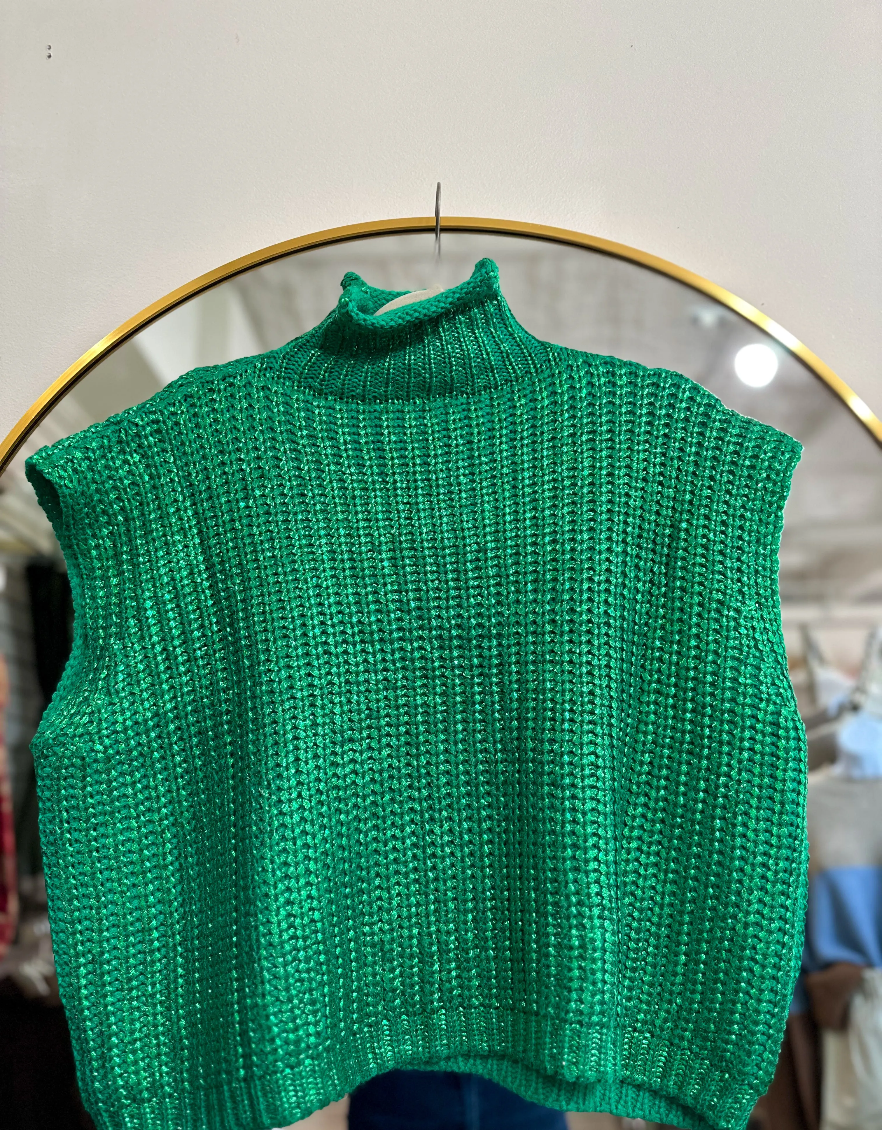 Green Radiant Luxe Metallic Mock Neck Sweater Vest