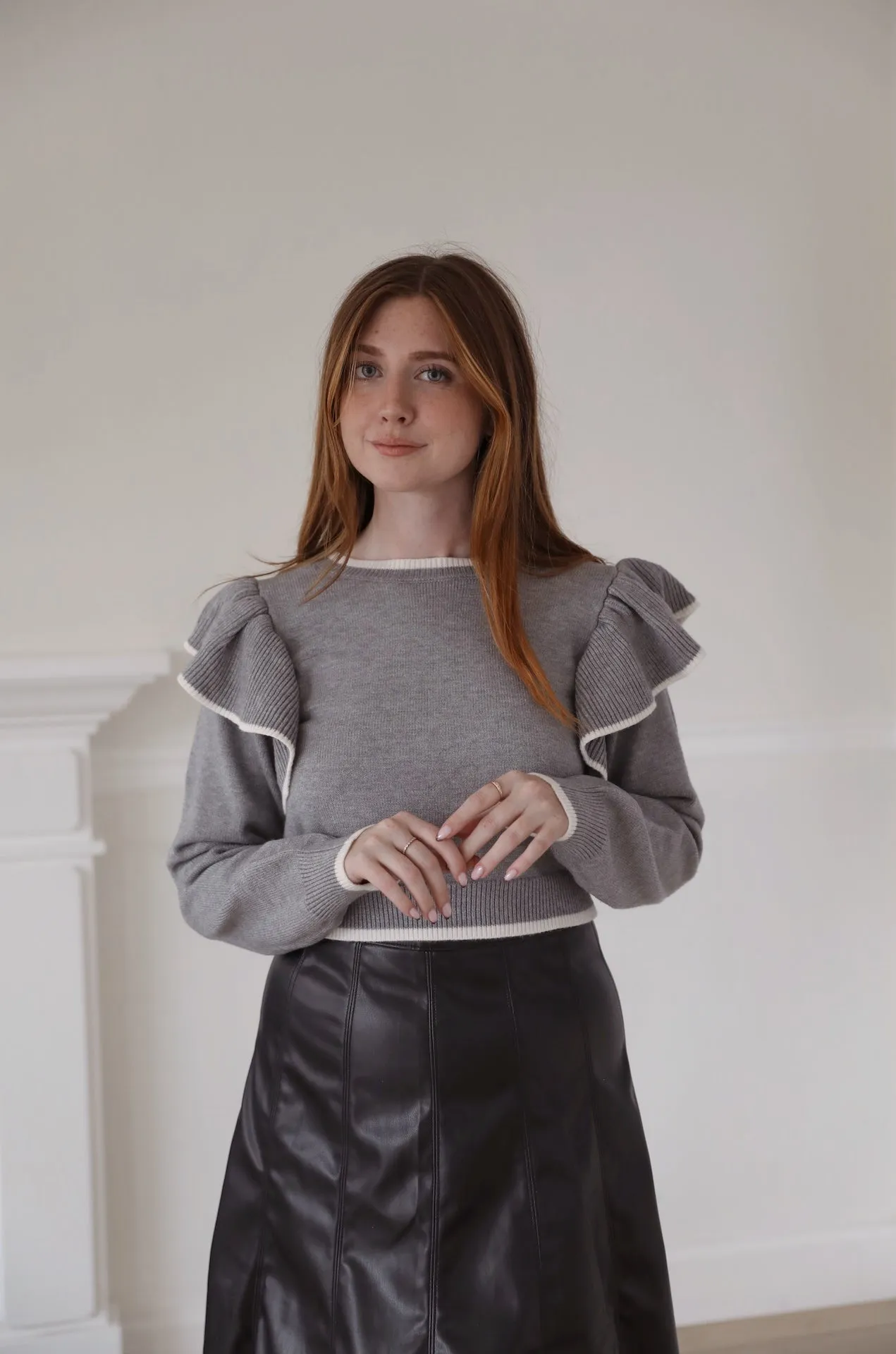 Grey Ruffle Sleeve Sweater