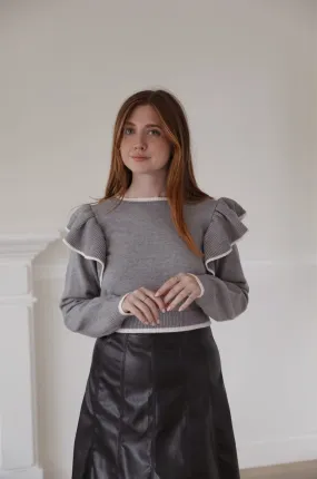 Grey Ruffle Sleeve Sweater