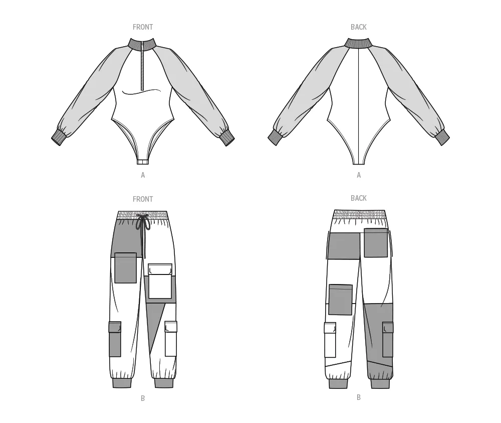 Know Me sewing pattern 2055  Bodysuit and Cargo Sweatpants by The Corny Rainbow