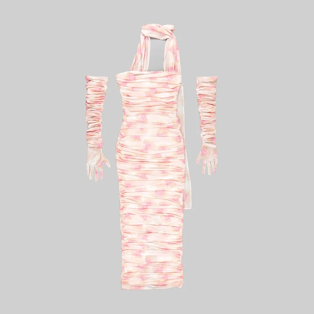 Long Sleeve Gloves Off Shoulder Printed Mesh Ribbon Dress