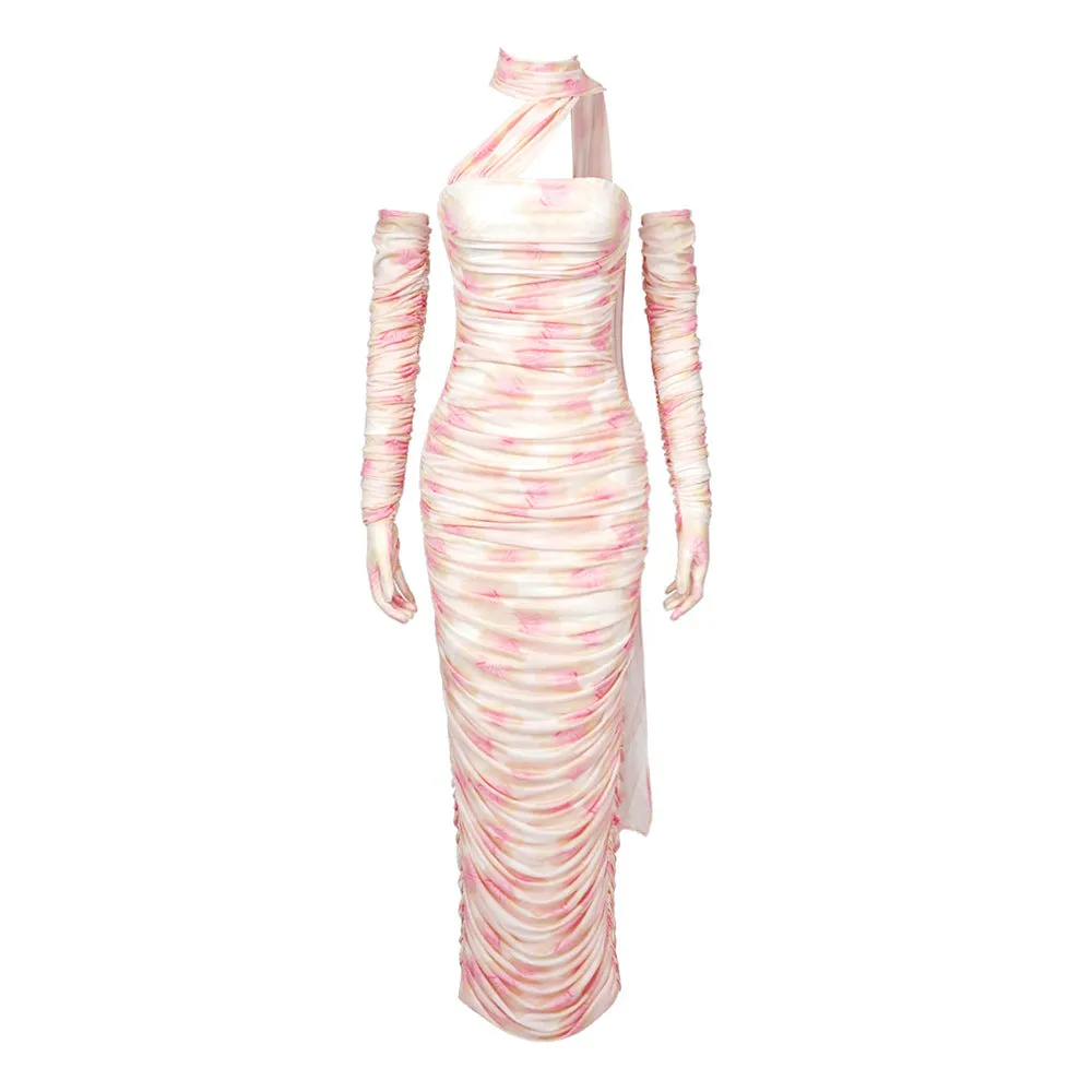 Long Sleeve Gloves Off Shoulder Printed Mesh Ribbon Dress
