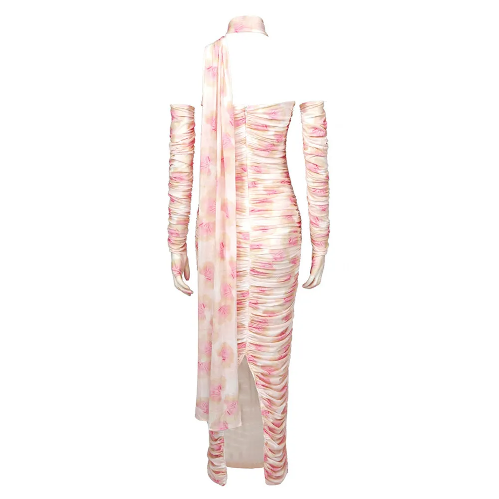Long Sleeve Gloves Off Shoulder Printed Mesh Ribbon Dress