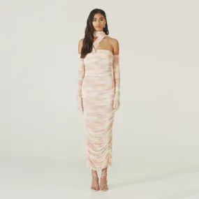 Long Sleeve Gloves Off Shoulder Printed Mesh Ribbon Dress