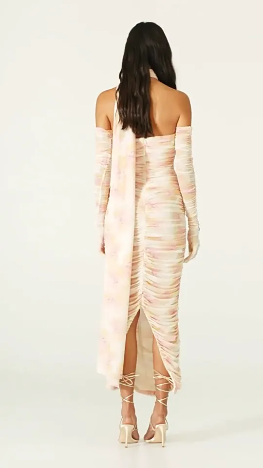 Long Sleeve Gloves Off Shoulder Printed Mesh Ribbon Dress