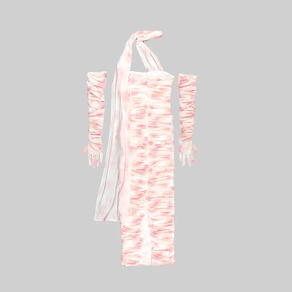 Long Sleeve Gloves Off Shoulder Printed Mesh Ribbon Dress