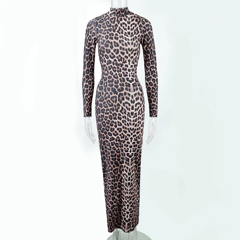 Long Sleeve Leopard Print Stand Collar Formal Dress